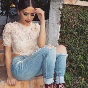 HMS Peach Sheer Lace Sequins Crop Top NWT